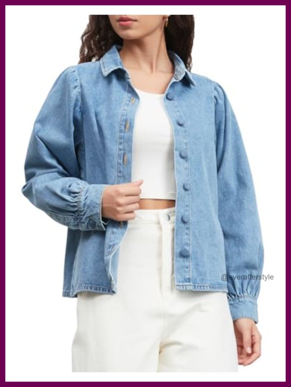 Women's Oversized Denim Shirt Jacket with Puff Sleeves Button Down Crop Top